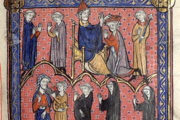 Pépin le Bref couronné par le pape Étienne II tandis que Childéric III est déposé. Enluminure des Chroniques de Saint-Denis, Paris, Bibliothèque Sainte-Geneviève, ms. 782, fo 107 ro, XIIIe siècle.