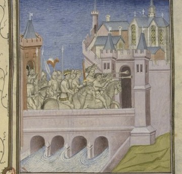 Louis VII le Jeune rentrant (à Paris ?) à la mort de son père Louis VI, Ms 512 - fol. 214r, Bibliothèque municipale de Toulouse (Source gallica.bnf.fr / BnF)