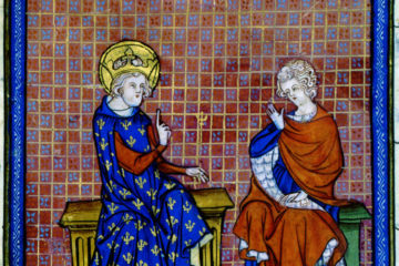 Enseignements de saint Louis, Paris, 1330-1340, parchemin 145 fol., 26,5 x 20 cm, Paris, BNF, Manuscrits, Français 1136, ici fol. 82. Le Pogam 2014 Cat. 35.