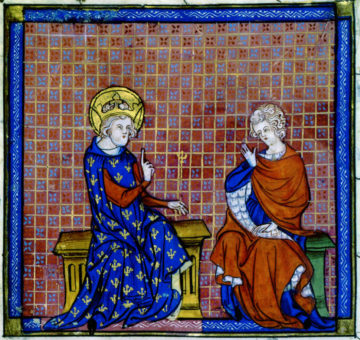 Enseignements de saint Louis, Paris, 1330-1340, parchemin 145 fol., 26,5 x 20 cm, Paris, BNF, Manuscrits, Français 1136, ici fol. 82. Le Pogam 2014 Cat. 35.