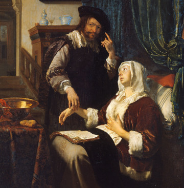 Frans van Mieris l'Ancien (Leyde, 1635 – Leyde, 1681), La visite du médecin ou La malade d’amour (Het bezoek van de arts of De zieke vrouw), 1657, huile sur cuivre, (34 cm x 27 cm), Vienne, Kunsthistorisches Museum.