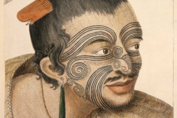 Gravure tirée d'un dessin de Sydney Parkinson, peintre du premier voyage de James Cook (1768-1771) intitulée "La tête d'un chef de Nouvelle-Zélande, le visage curieusement tatoué, ou marqué, selon leur coutume" (Sydney Parkinson, A Journal of a Voyage to the South Seas, in His Majesty's Ship the Endeavour, London, Parkinson, 1773, p. 90)