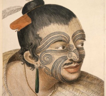 Gravure tirée d'un dessin de Sydney Parkinson, peintre du premier voyage de James Cook (1768-1771) intitulée "La tête d'un chef de Nouvelle-Zélande, le visage curieusement tatoué, ou marqué, selon leur coutume" (Sydney Parkinson, A Journal of a Voyage to the South Seas, in His Majesty's Ship the Endeavour, London, Parkinson, 1773, p. 90)