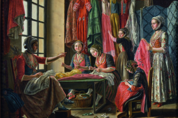 RASPAL Antoine, (1738-1811), L’atelier de couture, Arles, vers 1780, huile sur bois (32.5 x 40.5 cm), Musée Réattu, inv. 868.1.130, leg par Elisabeth Grande en 1868.