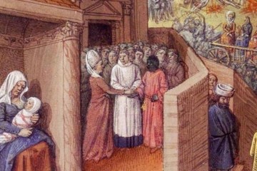 The wedding of Raymond de Campania and Philippa of Catania, as depicted in a manuscript copy of Laurent de Premierfait's French translation of Giovanni Boccaccio's 'De casibus virorum illustrium' made in Brittany (?) in the year 1458 (Munich, Bayerisches Staatsbibliothek, Cod.gall. 6, f. 347). (source)