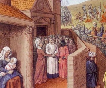 The wedding of Raymond de Campania and Philippa of Catania, as depicted in a manuscript copy of Laurent de Premierfait's French translation of Giovanni Boccaccio's 'De casibus virorum illustrium' made in Brittany (?) in the year 1458 (Munich, Bayerisches Staatsbibliothek, Cod.gall. 6, f. 347). (source)