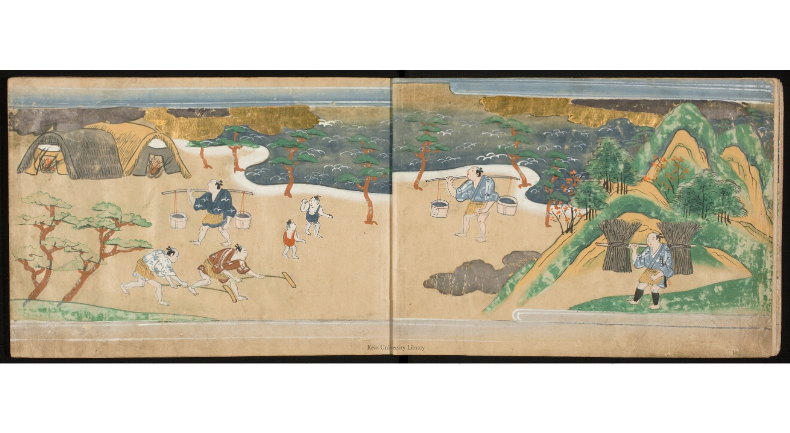 « Bunta travaillant à Tsunooka », 文正草子, Bunshō sōshi, vol.1, f. 4v-5, Tokyo, Keio University Library, Période Muromachi Tardive, https://dcollections.lib.keio.ac.jp/en/naraehon/110x-445-3-1 « Bunta travaillant à Tsunooka », 文正草子, Bunshō sōshi, vol.1, f. 4v-5, Tokyo, Keio University Library, Période Muromachi Tardive, https://dcollections.lib.keio.ac.jp/en/naraehon/110x-445-3-1