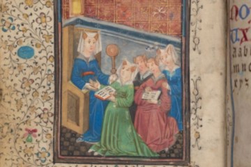 Maîtresse d’école et ses élèves féminines (sur la page d’en face l’Alphabet) Livres d’Heures en moyen néerlandais (c. 1440), Bruges Londres, British Library, Ms Harley 3828, fol. 27v.