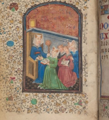 Maîtresse d’école et ses élèves féminines (sur la page d’en face l’Alphabet) Livres d’Heures en moyen néerlandais (c. 1440), Bruges Londres, British Library, Ms Harley 3828, fol. 27v.