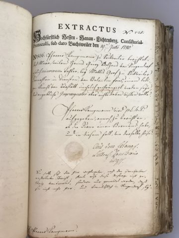 AA-S 2G393/3, Archives de la paroisse luthérienne de Reitwiller - Extrait de protocolle du 19 juillet 1780, envoyé par le consistoire de Bouxwiller au pasteur Kampmann de Reitwiller pour obtenir un complément d'information sur la grossesse hors mariage de Maria Volzen.
