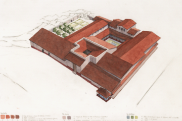 Proposition de restitution en élévation de la domus PC1, d'après D. Paunier, T. Luginbühl, Bibracte. Le site de la maison 1 du Parc aux Chevaux (PC 1) des origines de l’oppidum au règne de Tibère. Glux-en-Glenne : Bibracte, Centre archéologique européen, 2019, 2004, planche 4. URL : https://reseautca.hypotheses.org/journees-actualite/resumes-des-journees-detude/410-2