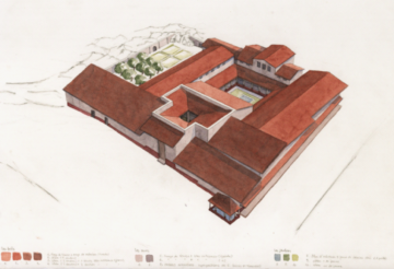 Proposition de restitution en élévation de la domus PC1, d'après D. Paunier, T. Luginbühl, Bibracte. Le site de la maison 1 du Parc aux Chevaux (PC 1) des origines de l’oppidum au règne de Tibère. Glux-en-Glenne : Bibracte, Centre archéologique européen, 2019, 2004, planche 4. URL : https://reseautca.hypotheses.org/journees-actualite/resumes-des-journees-detude/410-2
