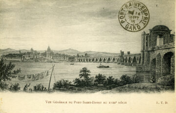 Bibliothèque municipale de Lyon, MDFRB04CPFR 001251, Vue générale du Pont-Saint-Esprit au XVIIIe siècle.