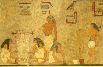 Tisseuses de la tombe de Khnoumhotep II, XIIe dynastie, Beni Hasan, d'après N. de Garis Davies, Weavers, Tomb of Khnumhotep. MET, inv. 33.8.16