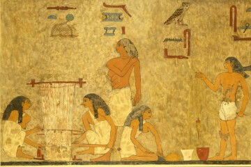 Tisseuses de la tombe de Khnoumhotep II, XIIe dynastie, Beni Hasan, d'après N. de Garis Davies, Weavers, Tomb of Khnumhotep. MET, inv. 33.8.16