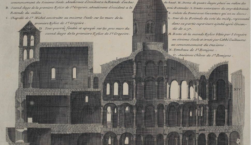 21LA ROTONDE DE SAINT-BENIGNE, 1 000 ANS D’HISTOIRE Explication de la coupe et de ce qui reste des anciennes Eglises du sixième Siècle et des trois Rotondes du onzième Siècle, extrait de Dom Urbain Plancher, « Histoire générale et particulière de Bourgogne », Tome 1, planche 499 Vers 1739, lithographie sur papier L Est. AI-II 2 © BM Dijon